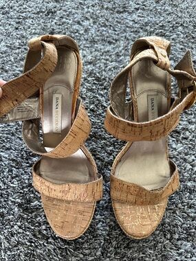 Dana Buchman Cork-Textured Tan Ankle-Strap Wedge Sandals